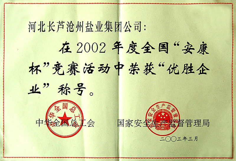 2002年全國(guó)安康杯優(yōu)秀企業(yè)